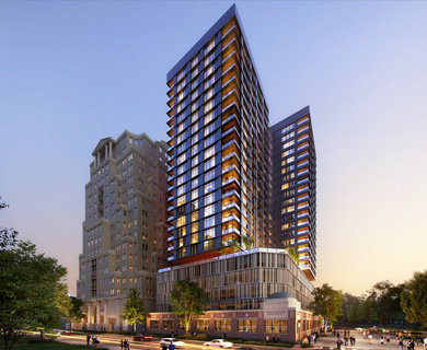 Modern high-rise buildings with glass facades and greenery at sunset, showcasing urban architecture and vibrant city life.